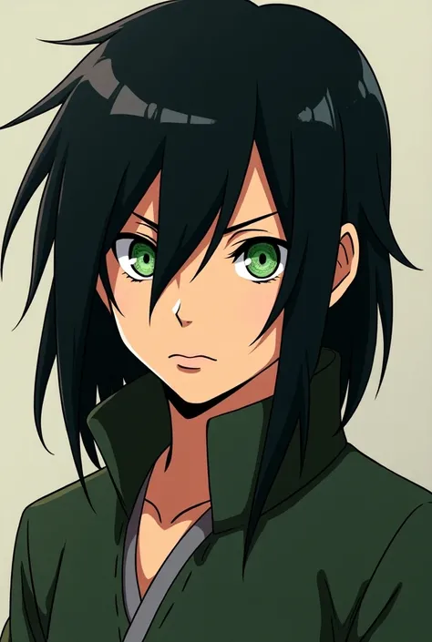  A teenage boy with long black hair, green eyes in Naruto style without a headband 