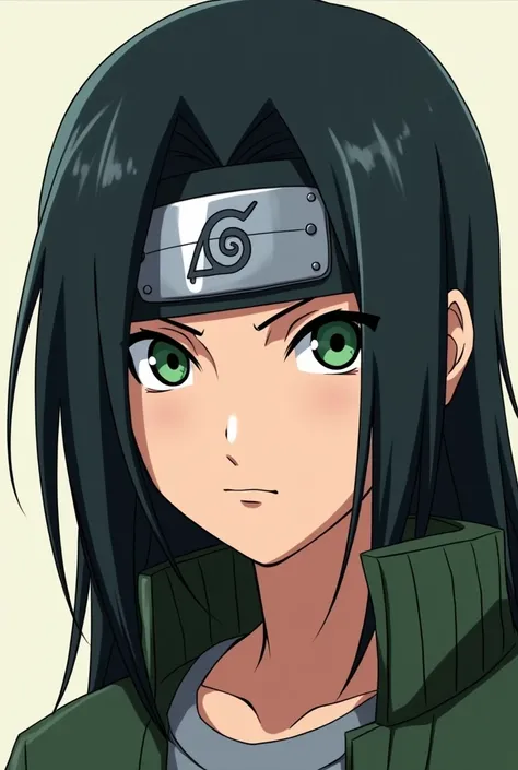  A teenage boy with long black hair, green eyes in Naruto style without a headband 