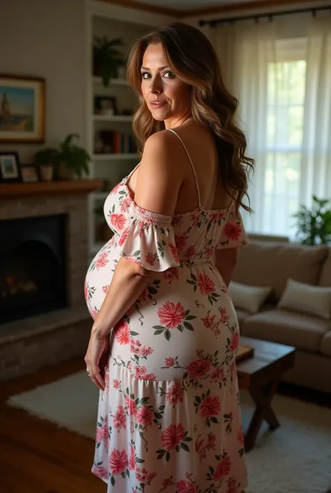 at home,  hot 50-60 year old lady with slightly whitish brown hair on the sides,huge and natural tits , wide hips,thick and bulky ass ,  huge round ass , looking at the camera with your back turned, Flowery dress