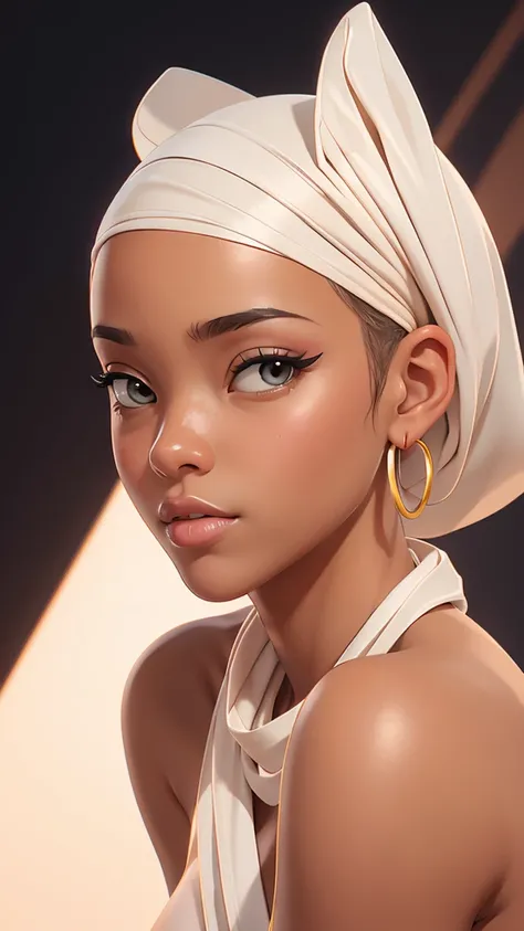 full body pose of african woman in (((nude))) nude nude white silk scarf short military buzz cut, hoop earrings Digital illustration style, Digital Illustration Portrait, Trends in Artstration, in the art style of bowater, detailed portrait of anime girl, ...