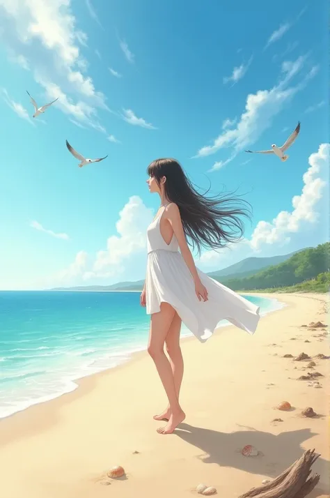 A girl walking along the beach.

