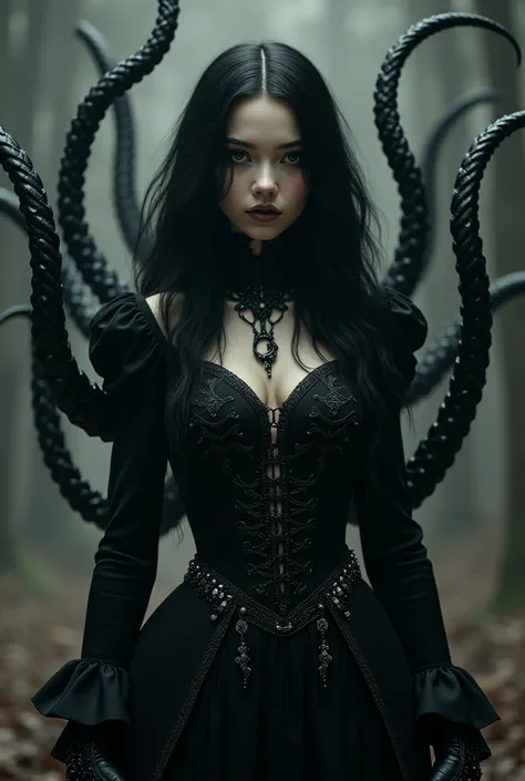 Female with black eyes and long black hair wearing gothic outfit. 8 Tentacles coming from her back