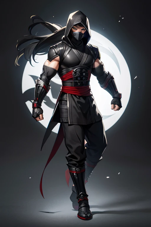 Mortal Kombat character , ninja mask,    black and gray  uniform,  full-body images,  no hoodie  ,digital art,  trerending,  long hair,  gauntlet 