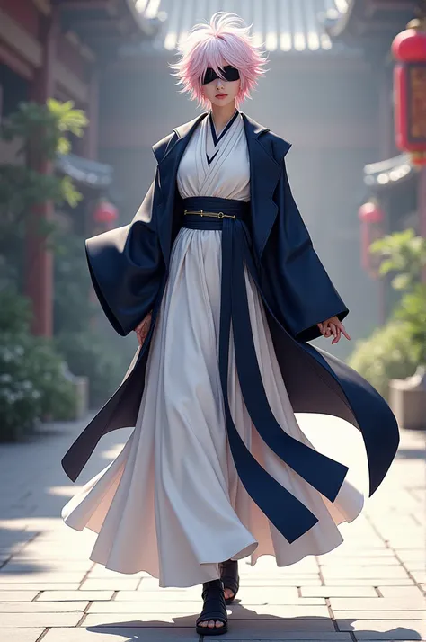 The fused character embodies a harmonious blend of tradition and modernity. Their outfit combines the flowing elegance of a white kimono with navy accents, representing a timeless aesthetic, layered beneath a sleek, dark jacket with sharp, contemporary lin...