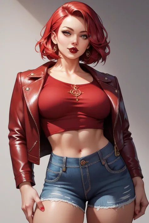 (high-level image quality), (high quality), (high resolution), ((detailed)), (masterpiece), beautiful young woman, ((caucasian)), red hair, medium bob, dark red lipstick, blank background, red top, denim jacket, jeans shorts, portrait, seductive,