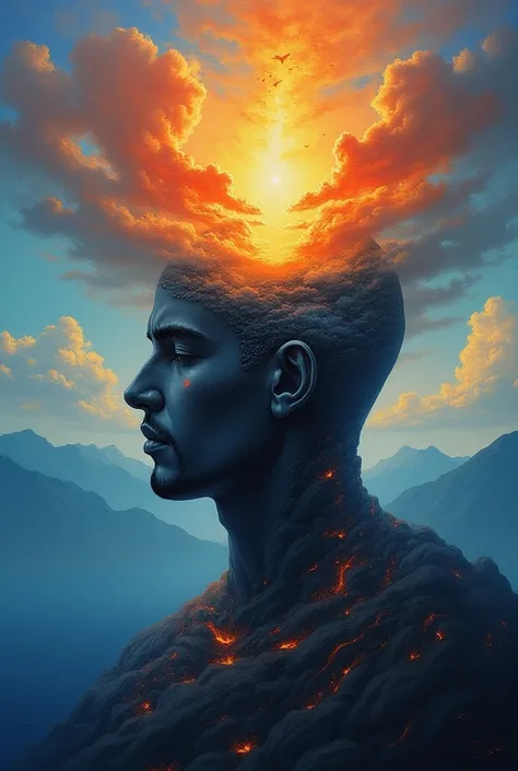  The cover of the book, A Man&#39;s Head, Inside His Head Are Thoughts and Contemplation, Half of It Is Clouds and It Has Thoughts from the Conscience of Memory with the Picturesque Nature, Sky, Birds and Mountains 
 The spectrum of light in the brain of m...