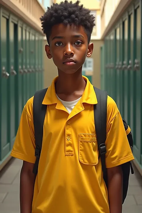 Dark skin teenager in yellow school uniform