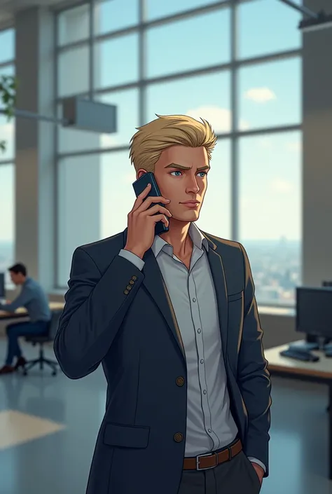 blond man calling on the phone in a building