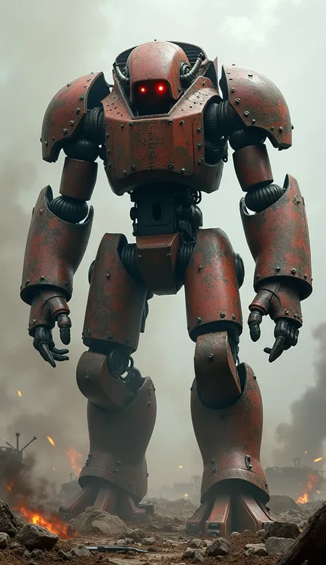 Design a golem made of rusted iron and enchanted steel. It should have glowing red eyes and massive, mechanical limbs. The creature should exude an aura of war and destruction, with the power to manipulate metal. The background should show a battlefield, w...