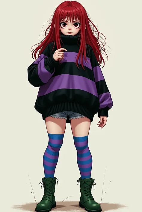 She skin is pale white. She has a very massive yet messy Red hair with black hair combined, her hair is so long till her legs. She wears an Black and Purple Stripes Sweater that covers her upper legs with a big turtleneck that covers half of her head, long...