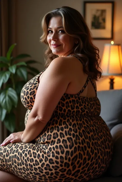 Sitting at home, Hot 60-70 year old lady with slightly whitish brown hair on the sides,huge and natural tits , wide hips,thick and bulky ass ,  huge round ass , looking at the camera with your back turned, Leopard print dress 