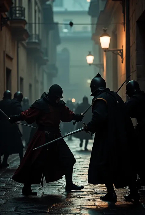 The attempted assassination of the Catholic leader on a dark Parisian street. The scene shows a nobleman being attacked by sword-wielding assailants. The street is dimly lit, with shadows and tension. A high contrast cinematic image based on the MIDDLE AGE...