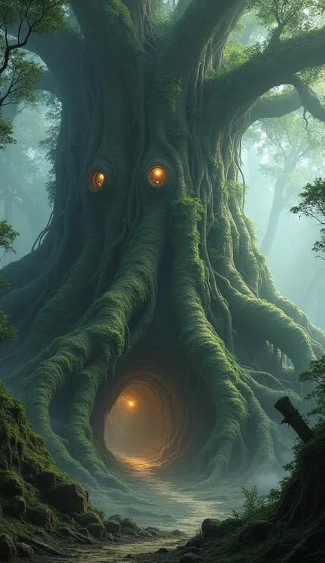 A massive tree with a labyrinth of interconnected rooms and underground tunnels deep within its roots, filled with strange creatures like nothing ever seen on Earth before