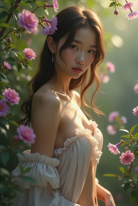 naked girl with a background of flowers