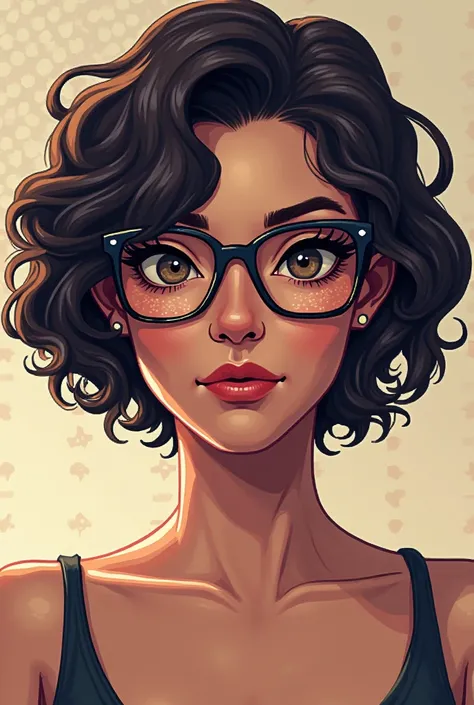 Generate a pixel art of a woman with short curly hair and glasses