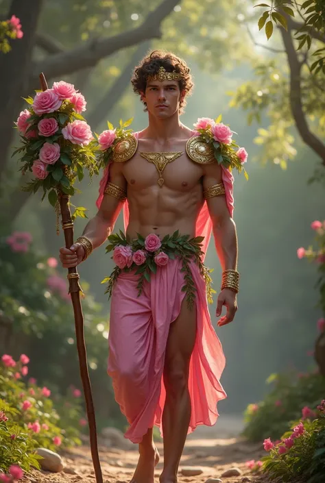 Hyper realistic image of a young greek god. Handsome. Muscular. Shirtless. Floral god. He wears pink floral and vines made costume with gold ornament. Golden shoulder pads . He bring wooden staff with pink flowers on his hand. Walking on a paradise garden....