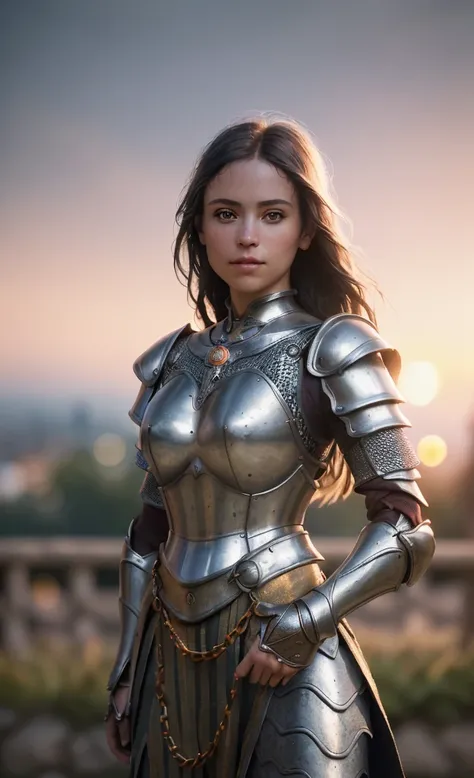 (masterpiece), (Very complex:1.3), ( actual ),   portrait of a girl  ,  The most beautiful , (Medieval Armor), metallic reflective,  upper body, Outdoors, Strong sunlight,  remote castle ,  professional photo of a charming woman,  clearly focuses , dramati...