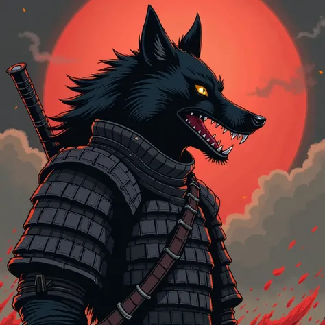 black wolf, samurai, animation style 