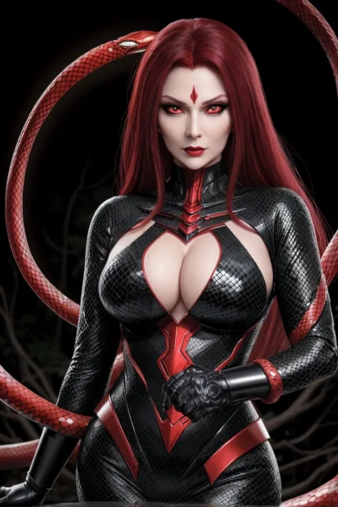 1 woman, middle age, mature woman super villain ,black-red hair, red eyes, detaleid face, using snake power,beautiful, sexy, background snake around in dark forest
