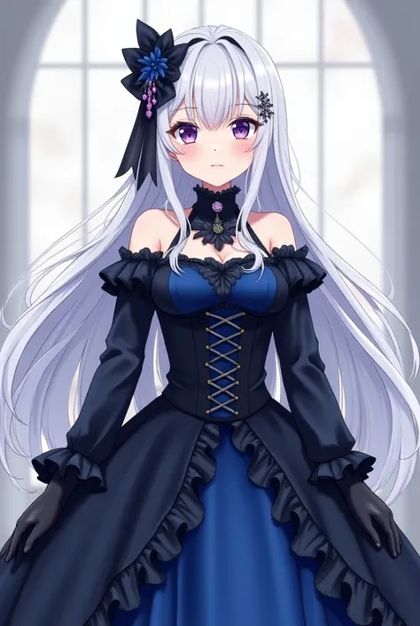  An anime girl with very long white hair and violet eyes pale skin with large breasts wearing a long Victorian dress in blue and black with long sleeves and black gloves with bare shoulders .with some brooches in her hair 