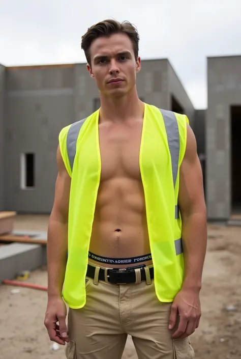 The image is a high-resolution photograph of (Nicholas Alexander Chavez) standing outdoors on a construction site, half built house. The man, who appears to be in his early twenties. He is wearing an open yellow Hi Vis vest over it. He is wearing beige car...