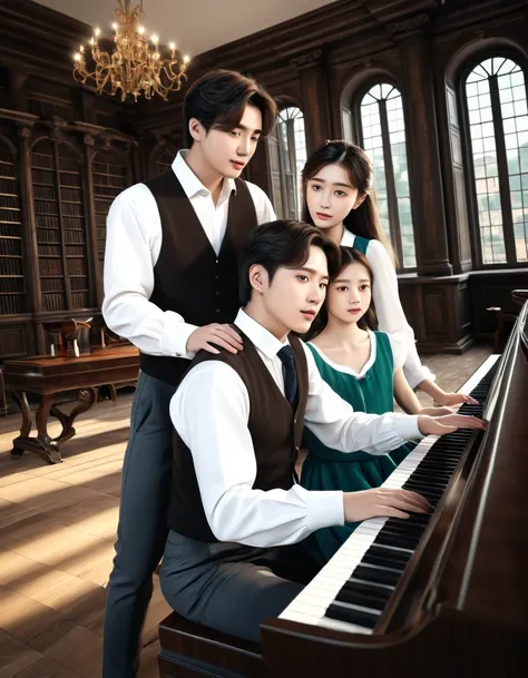 sketch Korean man ((with brown eyes)), Beautiful, brown short hair in a white shirt,  dark gray classic vest , dark gray trousers stands behind the girl and teaches her to play the photopiano tilting his head on the girls shoulder,. they play the piano wit...