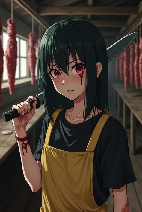 an emo  ,  with Sasuke Uchihas hair  , with red eyes,   Chelseas smile cracked in her mouth  ,   vampire fangs  , dark circles under the eyes , with a black t-shirt,  a yellow apron   ,  killing a blonde girl with a black machete with her arms amputated in...