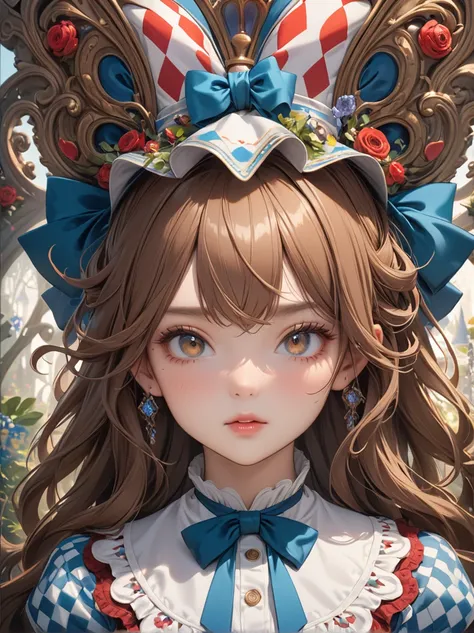 1 girl, masterpiece, highest quality, 8K, fine skin texture, fine cloth texture, beautiful detailed face, intricate details, Super detailed, alice in wonderland, (Bow on her head:1.1), Upper body