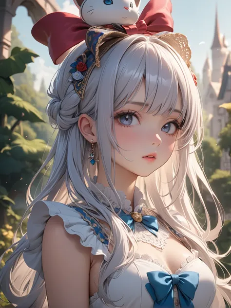 1 girl, masterpiece, highest quality, 8K, fine skin texture, fine cloth texture, beautiful detailed face, intricate details, Super detailed, alice in wonderland, (Bow on her head:1.1), Upper body