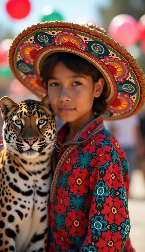 A young  wearing a vibrant traditional Mexican outfit, complete with a colorful embroidered sombrero. Beside the  is a jaguar, its spotted fur gleaming under bright lighting. The scene is festive, with balloons and a lively atmosphere in the background. Th...