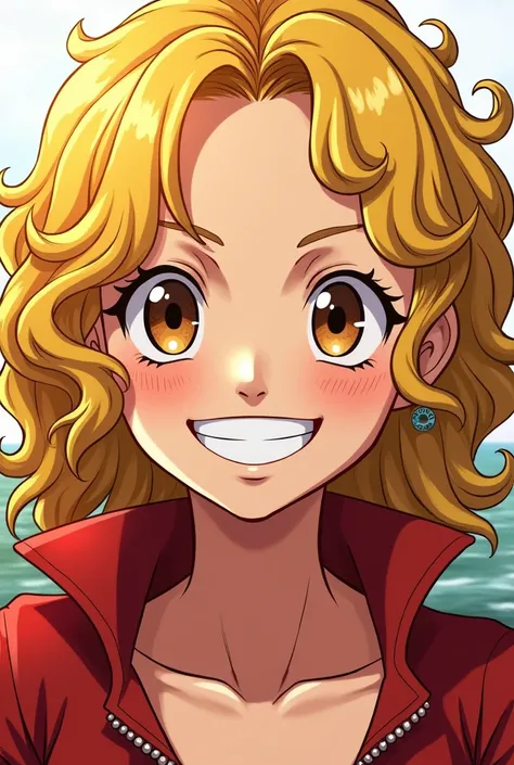  Portgas D Rouge smiling blonde with curly hair, With brown eyes and freckles from One Piece Pirate