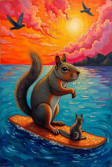 squirrels on a surfboard, alcohol ink intricate details, (thick impasto oil painting, heavily textured, thick brushstrokes, short choppy strokes) :: (in the style of vincent van gogh)" beautiful sunset-red orange pinks purples, Rusted iron, Corrugated card...