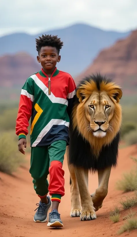 A young  dressed in South African colors walking confidently alongside a lion. The s outfit reflects the South African flags color scheme. The lion looks strong and regal, and the background features a rugged landscape with mountains and plains, evoking th...