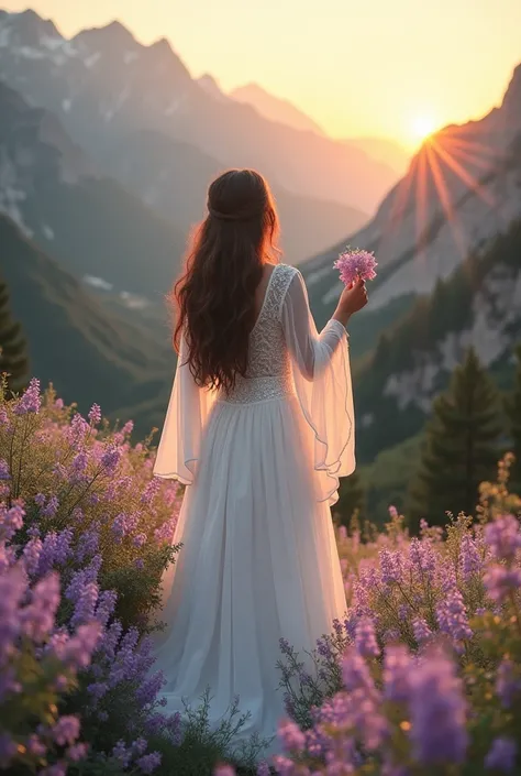  There are mountains, uphills and downwards there are purple flowers and trees like a forest, the girl is wearing white dress that fully covers many shining diamonds like an angel the sun is going down And her dress is shining she has High Quality, Long br...