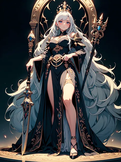 (((masterpiece, best quality, high detailed, 16k))) (1girl) A regal, imposing woman adorned in a luxurious, darkly elegant gown interwoven with silver threads, symbolizing both power and grace. Her crown is elaborate, adorned with precious stones, and her ...