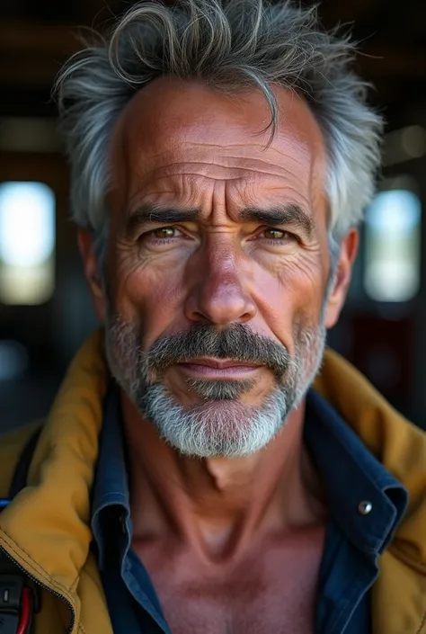 masterpiece, best quality, high resolution, closeup portrait, male focus, solo focus, A man, 50 years old, with firefighter uniform, firefighter suit, firefighter, silver grey hair, messy hairstyle, cute and seductive face, bare chest, body hair, facial ha...