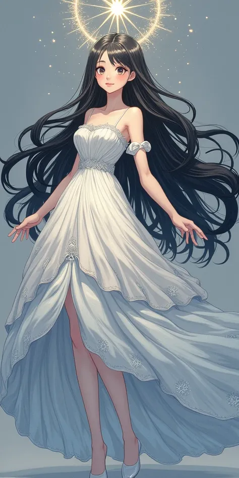 1 anime girl, full body, she is 20 years old, she is wearing a silver layered dress, her hair is black, the length of her hair reaches the ground, on top of her head there is a circle of light, and in the middle of the light there is a big shining star, he...