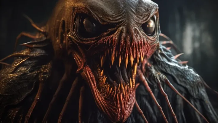 A monstrous creature with a huge gaping mouth, , many sharp teeth, disproportionately large head, spider-like features, highly detailed, 8k, photorealistic, dramatic lighting, horror, dark fantasy, moody atmosphere, unsettling, nightmarish, hyper-detailed