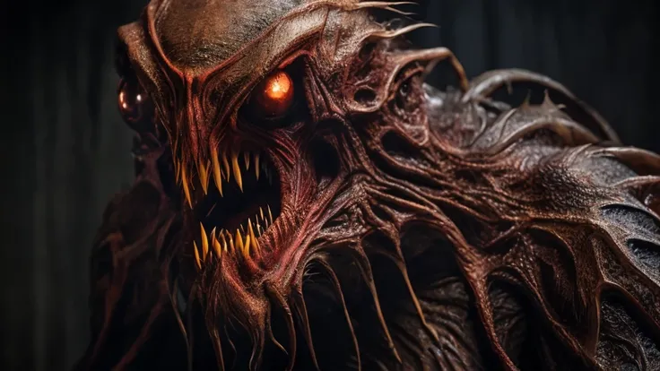 A monstrous creature with a huge gaping mouth, , many sharp teeth, disproportionately large head, spider-like features, highly detailed, 8k, photorealistic, dramatic lighting, horror, dark fantasy, moody atmosphere, unsettling, nightmarish, hyper-detailed