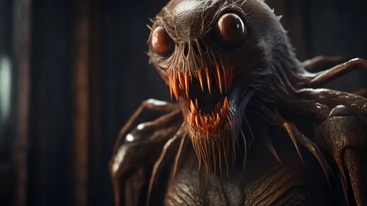 a huge mouthed creature with a , lots of sharp teeth, a disproportionately large head, spider-like features, dark and moody atmosphere, digital art, cinematic lighting, highly detailed, hyper realistic, award winning, 8k, unreal engine, masterpiece, photor...