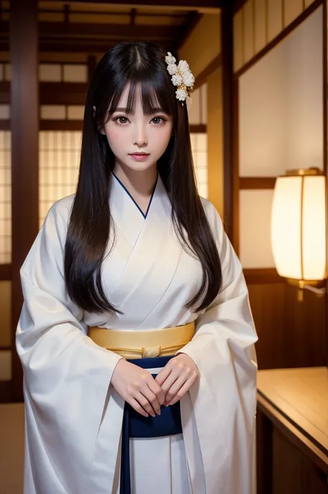 
 personify sake
* image:  elegant and traditional 、 woman who embodies Japanese beauty 。
* Appearance:  straight hair with dark hair 、Pale face、Big Eyes、 gold kimono on white 、Light black or navy blue belt 。
* background:  beautiful quiet night of the mon...