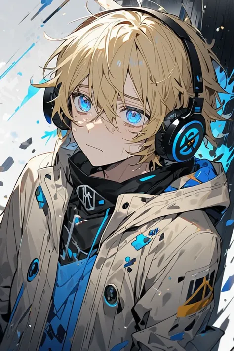  A sad blond boy with blue eyes, with gamer headphones 