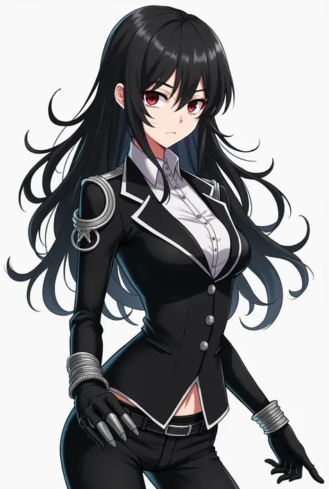 Give me a character in the drawing style of My Hero Academia 
A girl with long black hair with white details and black eyes 
His clothes consist of a close-fitting suit with his back completely bare. 
On the sides of his belt he wears razors and his shoes ...