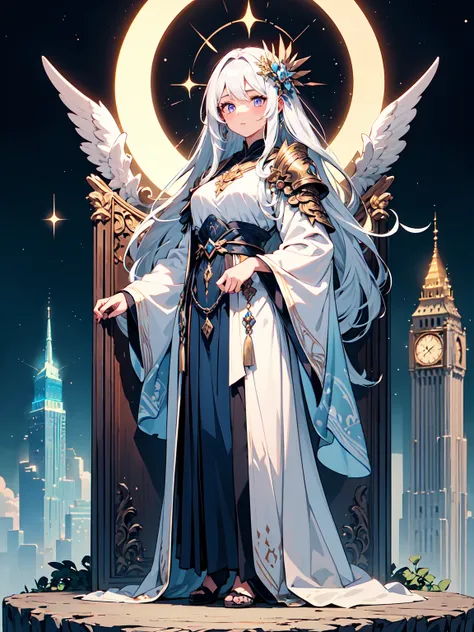 (((Masterpiece, best quality, high detailed, 16k))) (1girl) A fair-skinned woman with white hair like the moon and brilliant lilac eyes. She wears flowing robes in blue and silver, adorned with tiny crystals that sparkle like stars. Mira has the gift of he...