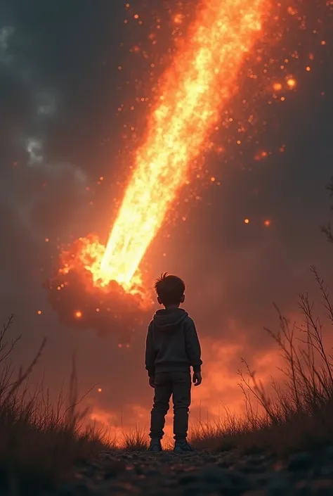   1 boy,  black hoodie ,  black pants,  the giant meteorite that looks up at speed in the sky， The meteorite rubs against the air and ignites ，, Hellfire in the background 