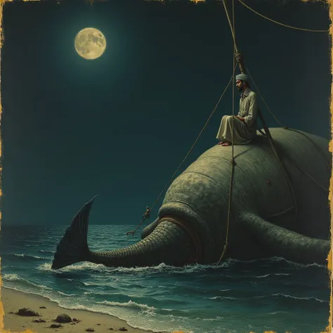 dark night. The mermaid in an old yellowed book with paint is unrealistic. [A huge colossal titanic creature 420 meters with a long neck and a head that looks like a fish and a massive tail is installed on top and secured with ropes. A huge two-story tent ...