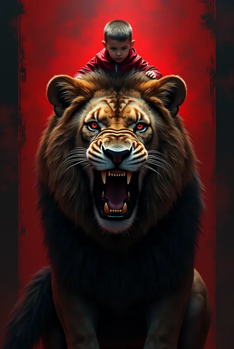  a logo from a criminal analysis channel Channel name  "KAROLCHDOM"  is centered behind a LION IMPRESSIVE REALISM THE LION IS FURIOUS SHOCKING ROAR ,  IS PROTECTING A SMALL  BOY THE BOY IS MOUNTED ON IT IS A HIGHLY REALISTIC IMAGE DETAILS HIS FUR HIS FANGS...