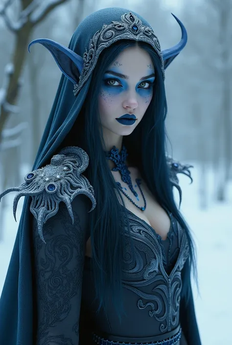 sexy evil elven witch, frost ice winter, extremely powerful, evil deathly tattoos, dark blue makeup, cold eyes, mythical beauty, avatar of death. demonic body, corrupted by power