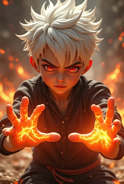 boy,white hair, bright red eyes,Cracking my finger ,firepower,cara bravo