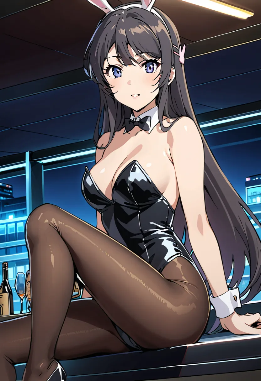 mai sakurajima, playboy bunny, black bowtie, pantyhose, stiletto heels